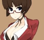 bra breasts brown_hair choker cleavage glasses large_breasts lingerie open_clothes open_shirt shirt teacher underwear 
