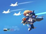  airplane apron armor brown_eyes brown_hair f-2 jet mecha_musume military product_girl smile 