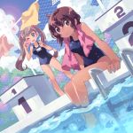  barefoot bf&#039;s_ok_farm bf._(sogogiching) brown_eyes brown_hair camera dutch_angle feet_in_water hands heart heart-shaped_pupils legs multiple_girls name_tag one-piece one-piece_swimsuit original pool pool_ladder poolside sitting soaking_feet starting_block swimsuit symbol-shaped_pupils twintails water wink 