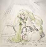  bandage bandages black_sclera blush green_hair heterochromia kneeling long_hair sad sketch tears 