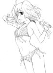  armpits bikini flat_chest kuroda_akimi macross macross_frontier microphone midriff monochrome plaid ranka_lee swimsuit tartan twintails 