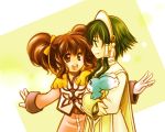  1girl aino_yumeri anise_tatlin blue_eyes brown_eyes brown_hair creature gloves green_eyes green_hair hair_tubes ion mieu ribbon smile tales_of_(series) tales_of_the_abyss twintails 