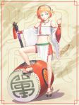  anklet bad_id barefoot bell blue_eyes braid clog_sandals detached_sleeves feet hammer huge_weapon iceojin jewelry midriff orange_hair original short_hair side_braid tail weapon 