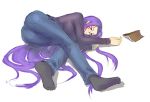  bad_id blush book casual check_pixiv_source dashman fate/stay_night fate_(series) feet glasses jeans long_hair lying purple_eyes purple_hair rider simple_background socks very_long_hair violet_eyes 