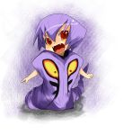  costume fangs loggy moemon nintendo pokemon purple_hair red_eyes rugi simple_background solo white_background 