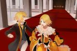  blonde_hair blue_eyes dress formal frills habuki hair_ornament hairclip kagamine_len kagamine_rin necktie open_mouth ribbon short_hair siblings twins victorian vocaloid yellow_dress 