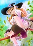  blonde_hair bloomers braid broom broom_riding from_below hand_on_hat hat kirisame_marisa kisaragi_miyu leaf leaves looking_at_viewer open_mouth short_hair smile solo touhou witch_hat yellow_eyes 