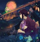  bag bagged_fish black_hair blue_eyes blush brown_hair fan fireworks fish japanese_clothes kimono night original scenery sitting squatting train vania600 yukata 