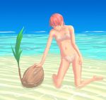  beach bikini closed_eyes coconut flash_tomo kneeling long_legs navel ocean original pink_hair short_hair smile solo submerged swimsuit water 