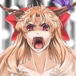  angry bare_shoulders blonde_hair bow cat_eyes fangs hair_bow haruichi horn_ribbon horns ibuki_suika long_hair open_mouth rapeface red_eyes ribbon slit_pupils solo touhou you_gonna_get_raped 