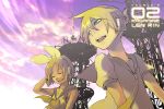  blue_eyes closed_eyes hair_ribbon headphones kagamine_len kagamine_rin radio ribbon sachio short_hair siblings sky smile twins vocaloid 