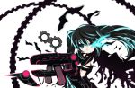  bad_id belt bikini_top black_hair black_rock_shooter black_rock_shooter_(character) blue_eyes boots chibi flat_chest front-tie_top gears glowing glowing_eyes jacket knee_boots komaki long_hair midriff pale_skin short_shorts shorts smile solo twintails uneven_twintails very_long_hair weapon 