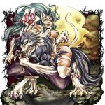  1girl angry animal_ears aqua_eyes aqua_hair armpits blue_skin breasts cat_ears cat_tail claws fangs felicia fighting_stance fur furry gallon long_hair moon muscle nunchaku nunchucks outdoors pants paw_pose paws shirtless sin_(njn1) smile tail teeth vampire_(game) werewolf wolf yellow_eyes 