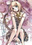  aqua_eyes bad_id blonde_hair cat_ears dress hair_ornament hairclip kagamine_rin senbei_(roof-lock) short_hair sitting tail vocaloid 