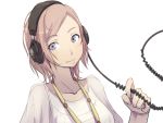  face hands headphones jewelry lowres necklace original painpa pink_hair purple_eyes short_hair simple_background smile white_shirt 