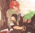  1girl brown_hair closed_eyes couple gloves hand_holding holding_hands hug long_hair lowres luke_fon_fabre red_hair redhead short_hair sleeping tales_of_(series) tales_of_the_abyss tear_grants tree 
