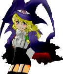  bad_id blonde_hair blue_eyes braid bunyaa cape cosplay crossover eyes garter_belt grin hat kirisame_marisa lilith lilith_(cosplay) miniskirt short_hair sketch skirt smile solo thigh-highs thighhighs touhou witch_hat yami_to_boushi_to_hon_no_tabibito 