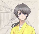  adult black_hair facial_mark forehead_mark japanese_clothes kimono short_hair sketch skuld traditional_media 
