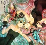  butterfly_wings green_eyes green_hair hand_holding hat hatsune_miku headphones holding_hands long_hair lowres lying magnet_(vocaloid) megurine_luka multiple_girls on_back pink_hair sk sm vocaloid wings 