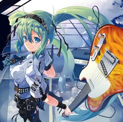  belt blue_eyes cable garter_belt green_hair guitar hatsune_miku instrument long_hair necktie scr smile telecaster thigh-highs thighhighs twintails vocaloid 