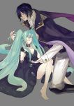  1girl aqua_hair bad_id barefoot black_dress blue_eyes blue_hair breasts cake_(dangaonuo) cake_(pixiv) cantarella_(vocaloid) cleavage closed_eyes dress elbow_gloves formal gloves hand_holding hatsune_miku highres holding_hands kaito long_hair lying suit twintails very_long_hair vocaloid 