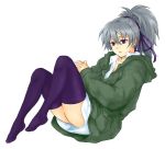  feet hair_ribbon hair_up long_hair momi momi_(s4101) open_clothes open_jacket open_shirt ponytail purple_eyes raincoat ribbon shirt silver_hair sitting solo thigh-highs thighhighs violet_eyes yin 