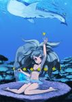  bikini blue_eyes blue_hair enchi fish floating_screen ocean screen smile swimsuit underwater water whale_shark whaleshark 