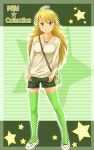  between_breasts blonde_hair breasts green_eyes hoshii_miki idolmaster long_hair nishi_(count2.4) shorts solo strap_cleavage thigh-highs thighhighs 