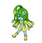  1girl :d ahoge aoba_kino blue_skin boots chibi coat full_body goo_girl green_eyes green_hair long_hair monster_girl monster_musume_no_iru_nichijou naked_coat navel open_clothes open_coat open_mouth raincoat rubber_boots simple_background smile solo suu_(monster_musume) tentacle_hair white_background 