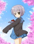  cardigan cherry_blossoms nagato_yuki nyaro purple_hair school_uniform short_hair silver_hair suzumiya_haruhi_no_yuuutsu 