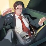  1boy adachi_tooru black_hair dumpster formal grey_eyes jacket looking_at_viewer magatsumagic male_focus messy_hair necktie open_clothes open_jacket parted_lips persona persona_4 red_necktie solo suit 