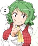  1girl ascot blush breasts collared_shirt finger_to_mouth green_hair grin index_finger_raised kazami_yuuka large_breasts long_sleeves looking_at_viewer musical_note plaid plaid_vest quaver red_eyes red_vest shiny shiny_hair shirt shushing smile solo speech_bubble spoken_musical_note touhou unadare upper_body wavy_hair white_shirt 