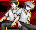  2boys bangs belt blush brown_hair dangan_ronpa ikari_shinji looking_at_another male_focus multiple_boys nagisa_kaworu neon_genesis_evangelion open_mouth parody red_eyes school_uniform seiyuu_connection short_hair silver_hair smile style_parody tezurumozuru yaoi 