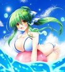  1girl ball beachball bikini blush breasts cleavage frog_hair_ornament green_hair hair_ornament highres huge_breasts kochiya_sanae long_hair looking_at_viewer ocean open_mouth osashin_(osada) ponytail smile snake_hair_ornament solo swimsuit touhou yellow_eyes 