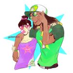  1boy 1girl alternate_hairstyle arm_tattoo baseball_cap beard belt breasts brown_eyes bubble_blowing bubblegum buckle casual character_name collarbone commentary cropped_torso d.va_(overwatch) dark_skin dark_skinned_male dog_tags facepaint facial_hair facial_mark frog_print glasses goatee green_eyes green_shirt gum hand_on_another&#039;s_shoulder hat kammmmmna lucio_(overwatch) overwatch pink_lips pink_shirt ponytail shirt short_sleeves sleeveless sleeveless_shirt star star_print sunglasses tattoo toned torn_clothes transparent_background twitter_username whisker_markings wristband 