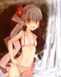  1girl absurdres bikini brown_hair character_request dungeon_and_fighter flat_chest flower gsri hair_flower hair_ornament hand_on_hip highres long_hair navel open_mouth red_eyes side-tie_bikini side_ponytail smile solo swimsuit very_long_hair wading water waterfall 