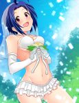  1girl ahoge antenna_hair blue_hair breasts bridal_veil dress elbow_gloves flower gloves idolmaster miniskirt miura_azusa navel red_eyes short_hair skirt solo veil wedding_dress yasuhito 