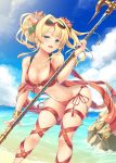  1girl :d bangs beach bent_over bikini blonde_hair blue_eyes blue_sky blush bracelet braid breasts cleavage clouds collarbone eyebrows eyebrows_visible_through_hair flower glasses granblue_fantasy groin hair_flower hair_intakes hair_ornament highres holding holding_staff jewelry large_breasts legs_apart long_hair looking_at_viewer mafuyun navel o-ring_bikini o-ring_top ocean open_mouth outdoors red-framed_eyewear red_bikini red_ribbon ribbon rock sand shawl side-tie_bikini sidelocks sky smile solo staff standing stomach summer sunglasses sunglasses_on_head swimsuit tassel thigh_ribbon tied_hair twintails zeta_(granblue_fantasy) 