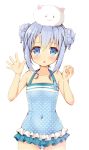  1girl :o angora_rabbit animal animal_on_head blue_eyes blue_hair blush bunny_on_head casual_one-piece_swimsuit chestnut_mouth covered_navel double_bun gochuumon_wa_usagi_desu_ka? hair_ornament kafuu_chino looking_at_viewer mori_airi one-piece_swimsuit polka_dot polka_dot_swimsuit rabbit simple_background swimsuit tippy_(gochuumon_wa_usagi_desuka?) white_background x_hair_ornament 