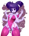  breasts extra_arms extra_eyes fangs insect_girl lingerie muffet purple_skin spider_girl thigh-highs twintails undertale 