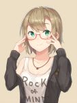 1girl akii blush brown_hair clothes_writing commentary_request face glasses green_eyes idolmaster idolmaster_cinderella_girls jewelry looking_at_viewer necklace red-framed_eyewear short_hair simple_background smile solo tada_riina upper_body 