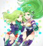  2girls :d :o android aschen_brodel bare_shoulders boots breasts cleavage collar fingerless_gloves gloves green_eyes green_gloves green_hair hand_on_another&#039;s_shoulder headgear jacket lamia_loveless large_breasts leotard long_hair long_sleeves looking_at_viewer miduki66 multiple_girls nunuko_(mu661129) open_hand open_mouth puffy_long_sleeves puffy_sleeves sleeveless smile super_robot_wars super_robot_wars_og_moon_dwellers super_robot_wars_og_saga_mugen_no_frontier thigh-highs thigh_boots white_background 