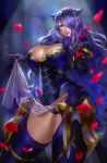  1girl armor armored_dress breasts camilla_(fire_emblem_if) cleavage eu03 fire_emblem fire_emblem_if gloves hair_over_one_eye highres huge_breasts impossible_clothes loincloth_lift long_hair micro_panties open_mouth panties petals purple_hair red_eyes revision see-through smile solo thick_thighs thigh-highs thighs tiara underwear very_long_hair 