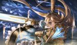  &gt;:o 1girl :o blonde_hair blue_dress blue_eyes breastplate charlotta_(granblue_fantasy) crown dress ecens gauntlets granblue_fantasy harbin holding holding_shield holding_sword holding_weapon long_hair looking_at_viewer open_mouth puffy_short_sleeves puffy_sleeves shield short_sleeves solo sword water weapon 