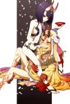  2girls alcohol barefoot barefoot_sandals blonde_hair bob_cut facial_mark fang fate/grand_order fate_(series) horns ibaraki_douji_(fate/grand_order) japanese_clothes kimono long_hair multiple_girls oiun oni oni_horns purple_hair sakazuki sake short_hair shuten_douji_(fate/grand_order) tattoo violet_eyes yellow_eyes 