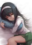  1girl black_hair brown_eyes girls_und_panzer hairband long_hair one_eye_closed pillow pillow_hug reizei_mako roll_okashi school_uniform skirt solo 