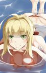  1girl ahoge ass blonde_hair breasts cleavage erect_nipples fate/extella fate/extra fate/grand_order fate_(series) green_eyes highres lo_(pixiv14046691) looking_at_viewer ocean saber_extra smile solo water wet 