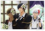  3boys ;d black_gloves black_hair black_necktie brown_hair collared_shirt colored_eyelashes dark_skin dress_shirt etphonehome0622 flower gloves hair_flower hair_ornament hair_over_one_eye japanese_clothes kimono lily_(flower) male_focus multiple_boys necktie one_eye_closed ookurikara open_mouth partly_fingerless_gloves pond shirt shokudaikiri_mitsutada shouji sliding_doors smile touken_ranbu tree tsurumaru_kuninaga upper_body v white_hair wing_collar yellow_eyes 