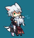  1boy 1girl animal_ears cat_ears cat_tail chibi final_fantasy final_fantasy_xiv green_eyes grey_hair hug lalafell lowres miqo&#039;te one_eye_closed petting pointy_ears rue_(ruenis_chronowing) silver_hair tail 