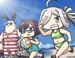  +++ 3girls ahoge asashimo_(kantai_collection) ball beach beachball blue_sky brown_hair commentary dated glasses green_eyes hair_over_one_eye hamu_koutarou kantai_collection lifebuoy long_hair multiple_girls muscle okinami_(kantai_collection) ponytail rensouhou-chan shimakaze_(kantai_collection) shimakaze_(seal) short_hair silver_hair sky slippers sunglasses swimsuit whistle 